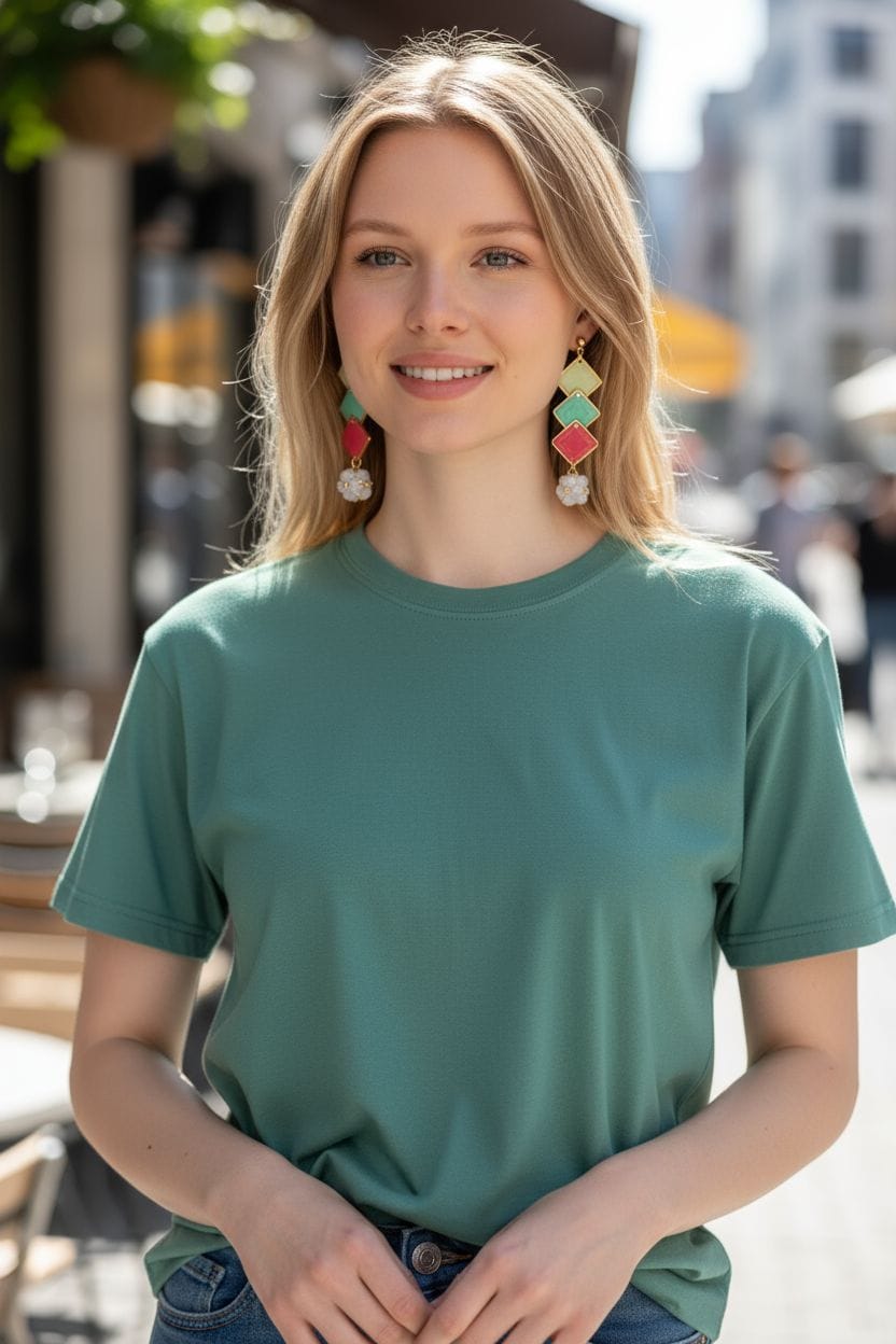Modella indossa Orecchini KaleidoGlow Candy Bloom con forme geometriche verde turchese e rosa