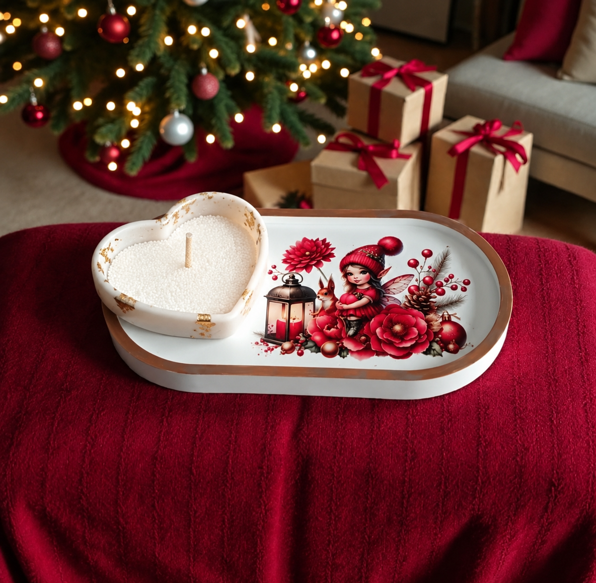 Set decorativo natalizio con vassoietto, cuore in gesso e sabbia di cera