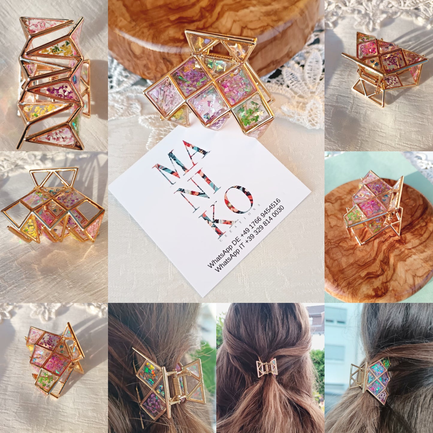 Dettaglio clip capelli con fiorellini incastonati e effetti geometrici