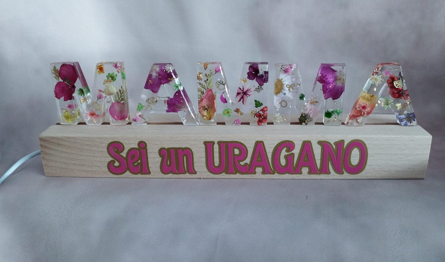 Dettaglio lampada personalizzata con lettere colorate in resina trasparente