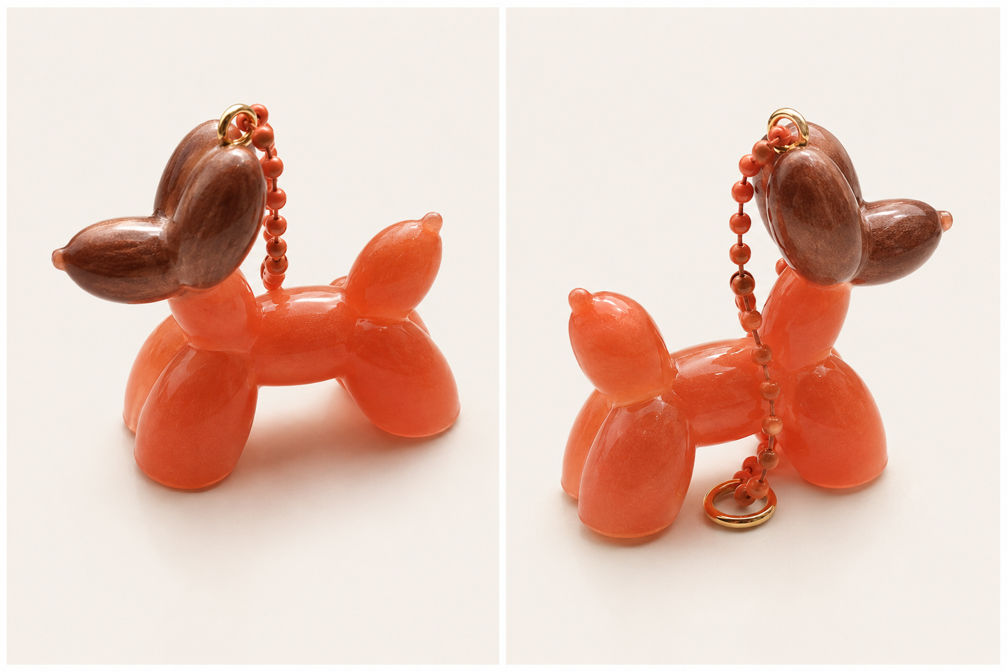Balloon Dog artigianale in resina Bronzo -arancione, realizzato a mano da Maniko Creations. Disponibile come ciondolo con catenella o come piccola decorazione.