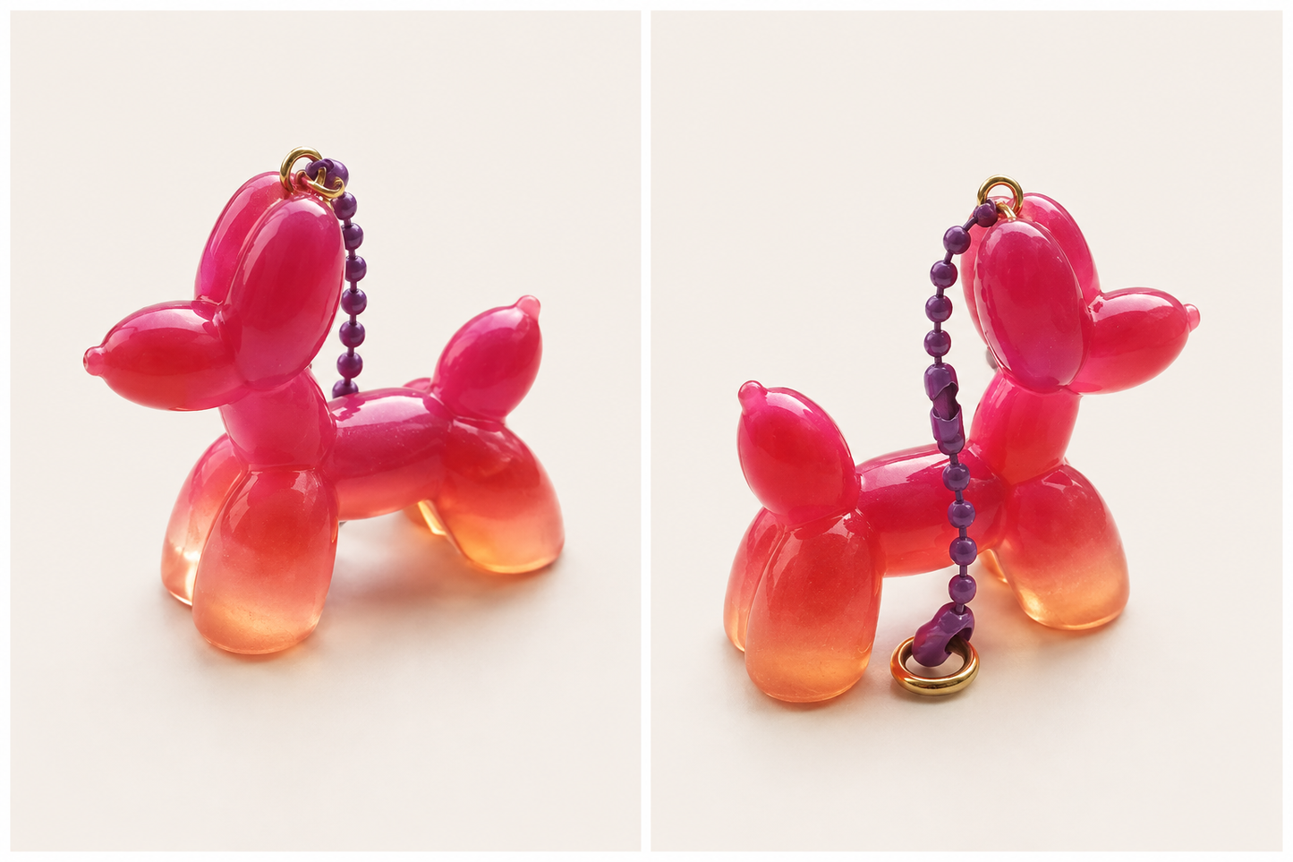 Balloon Dog artigianale in resina Rosa-Perlato-trasparente , realizzato a mano da Maniko Creations. Disponibile come ciondolo con catenella o come piccola decorazione.