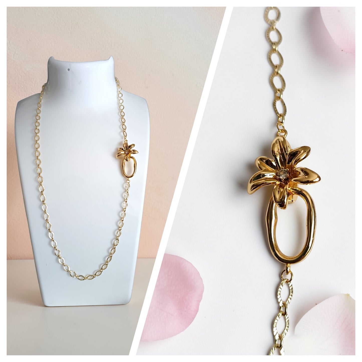 Collana e bracciale a una fila catena con fiore oro - Petal Glow