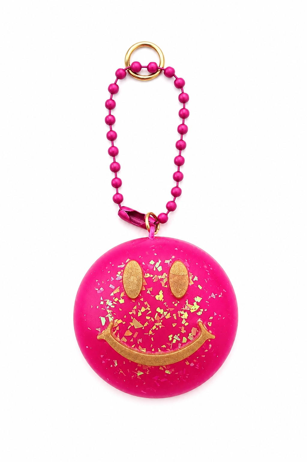 Ciondolo Smile artigianale in resina fucsia con dettagli dorati e catenella a palline
