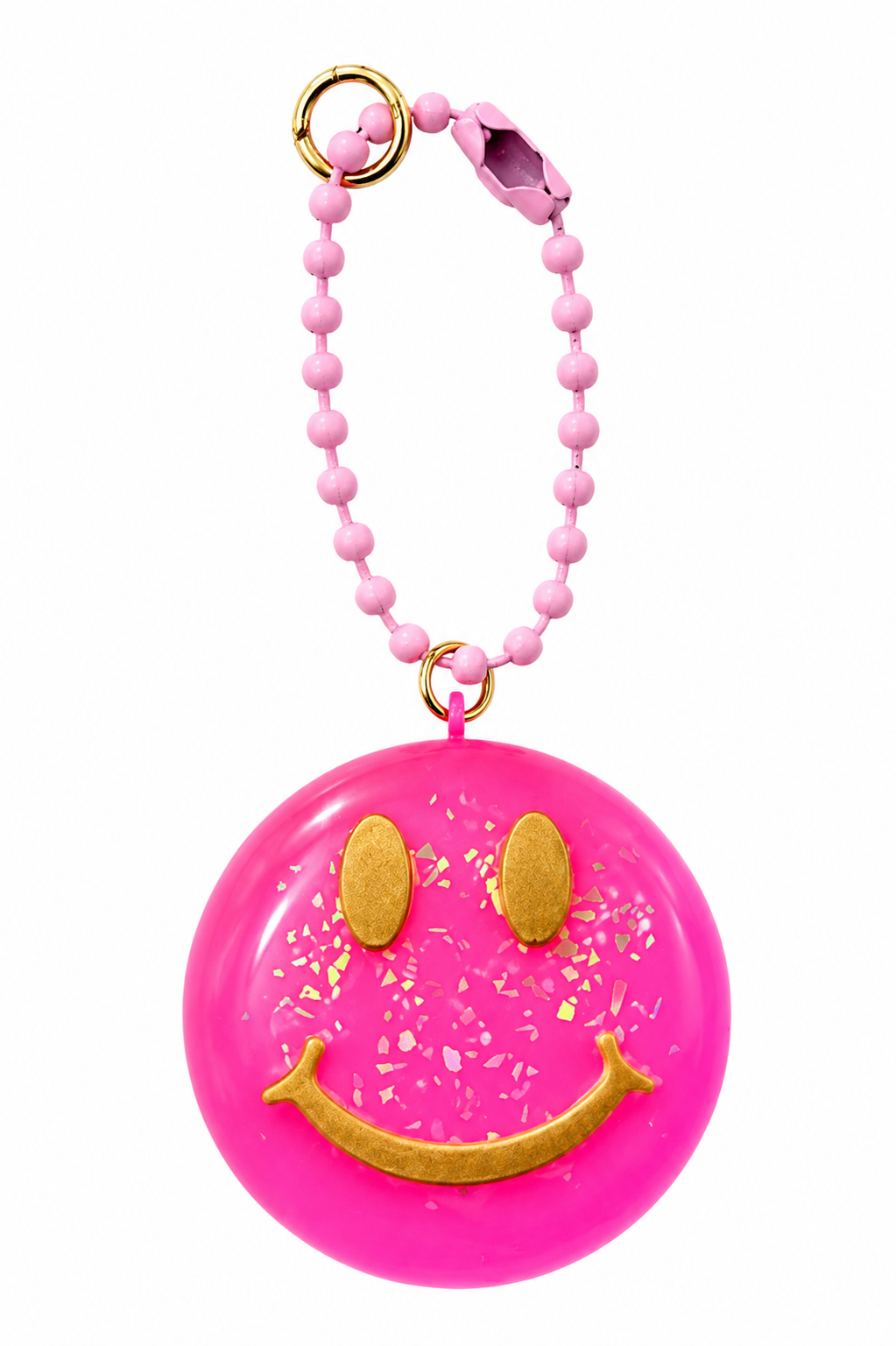 Ciondolo Smile artigianale in resina rosa neon con dettagli iridescenti e catenella rosa a palline