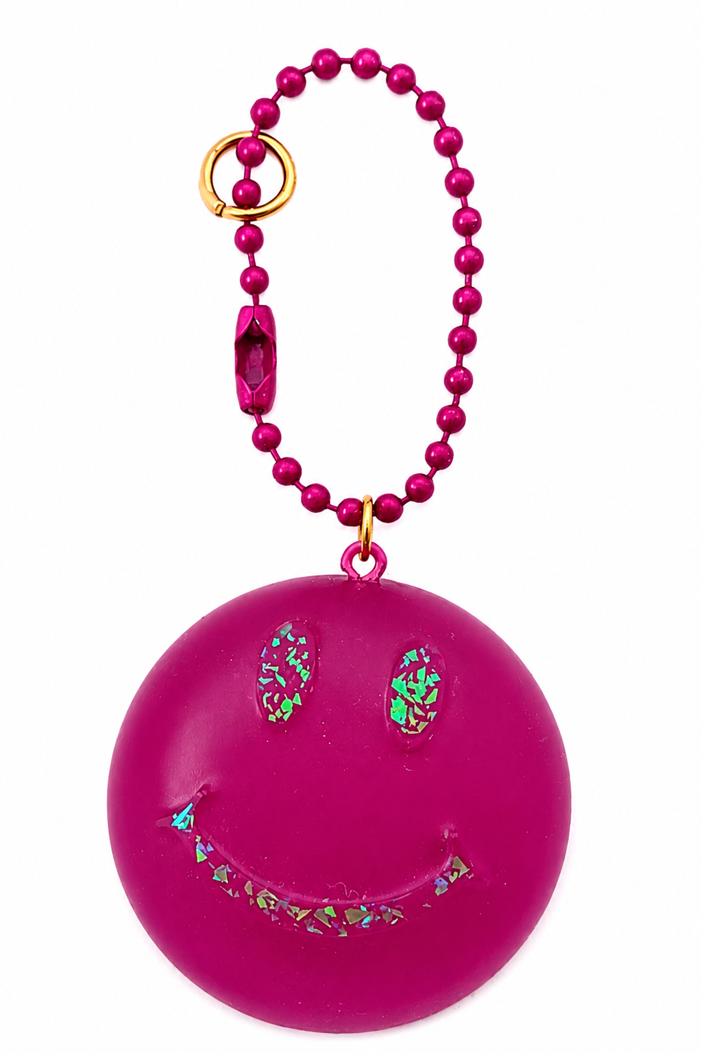 Ciondolo Smile artigianale in resina viola / magenta con dettagli iridescenti e catenella a palline