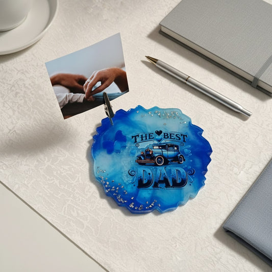 Portafoto in resina blu fatto a mano con clip, decorazione Best Dad e foto ricordo, idea regalo per papà.