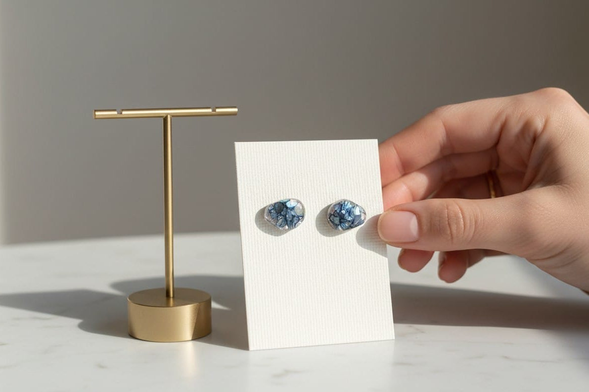 Orecchini a lobo Frammenti di Luce OLF-03 forma irregolare organica con chips di pietra blu in resina