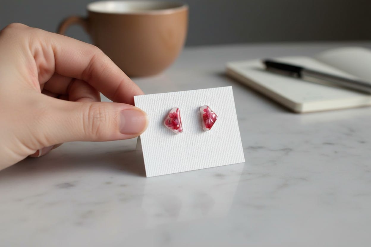 Orecchini a lobo Frammenti di Luce OLF-04 forma triangolare con chips di pietra rosso in resina handmade