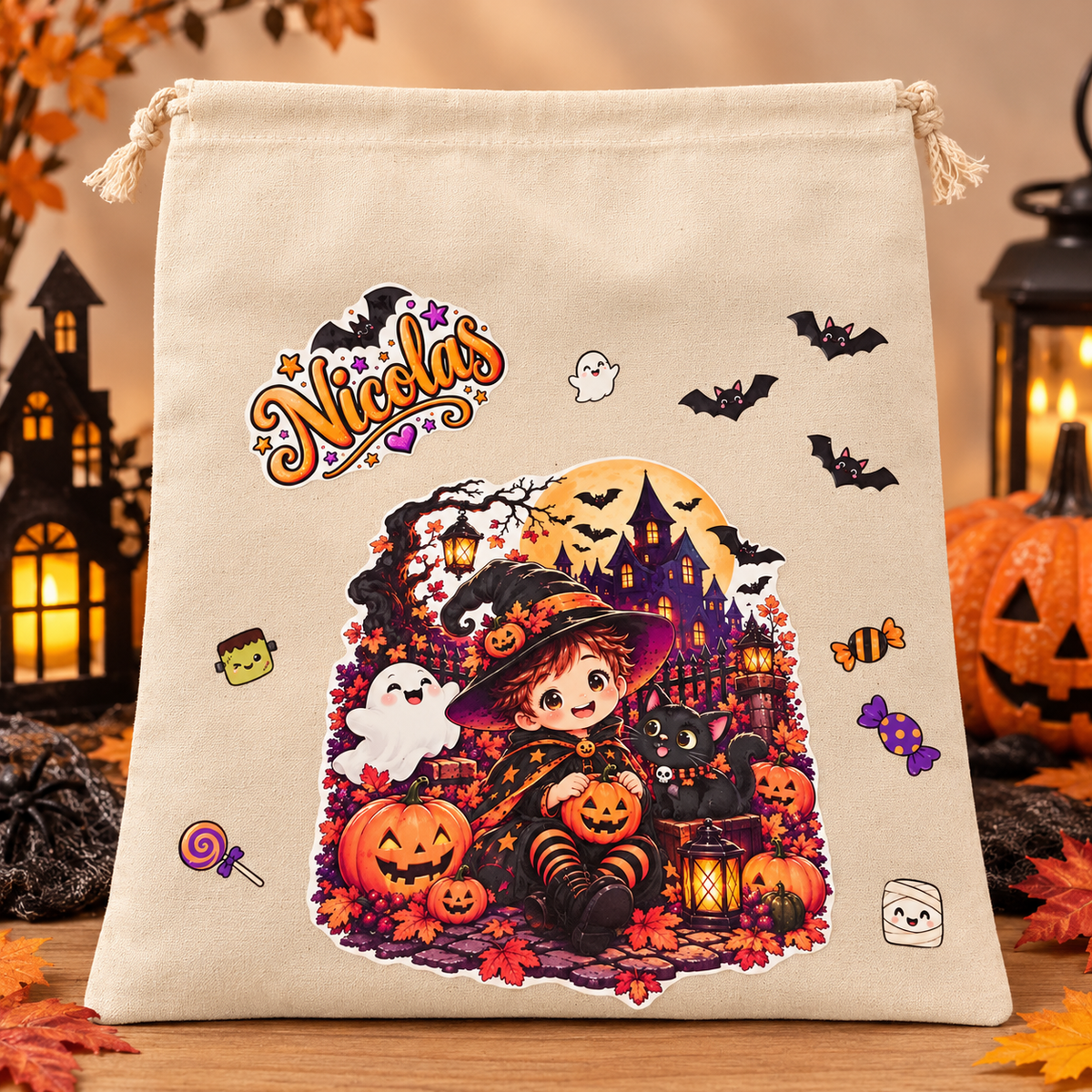 Sacchetto Halloween con nome Nicolas, piccolo maghetto, castello stregato, pipistrelli e zucche