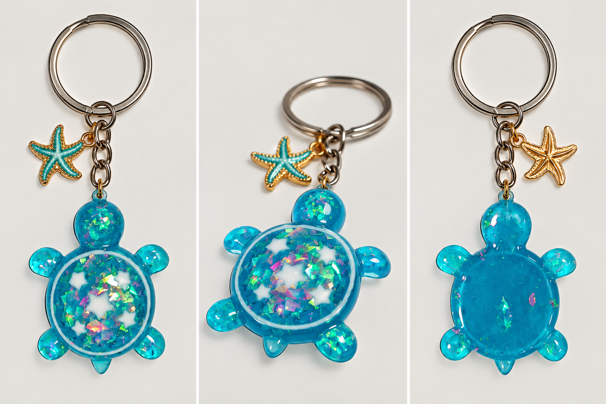 Portachiavi tartaruga marina AZZ-2 in resina azzurro turchese con flakes iridescenti, stelle bianche e charm stella marina