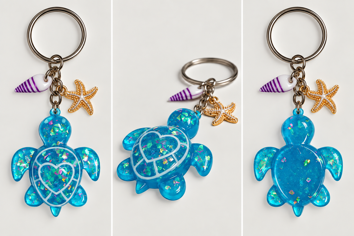 Portachiavi tartaruga marina AZZ-3 in resina azzurro turchese con flakes iridescenti, decorazione a cuore e charm stella marina e conchiglia
