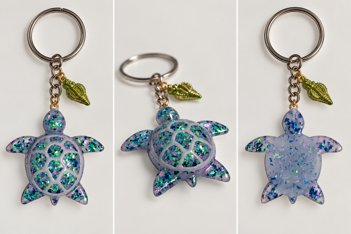 Portachiavi tartaruga marina BLU-3 in resina azzurro chiaro con flakes iridescenti blu, verdi e rosa e charm conchiglia verde