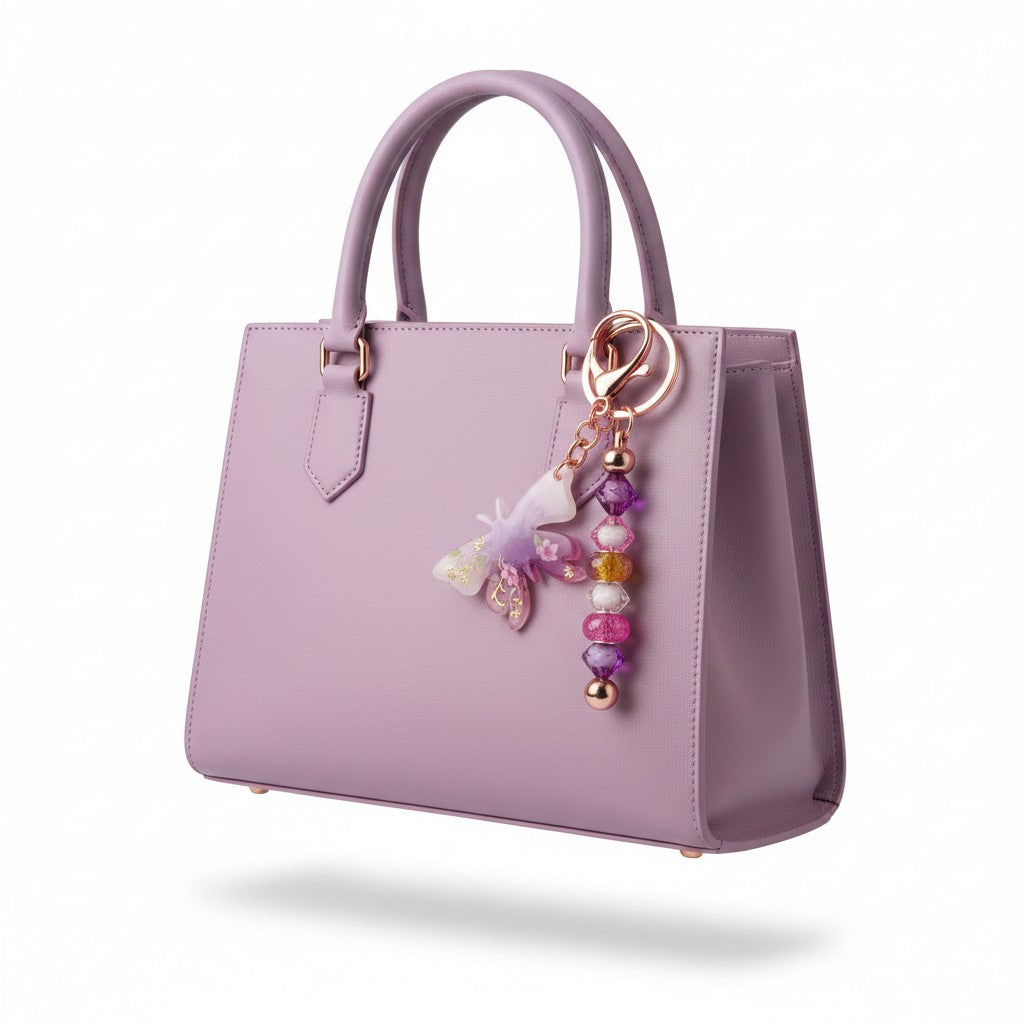 Portachiavi Eliora Glicine fatto a mano, farfalla in resina viola con fiori dipinti sulle ali e ciondolo di perline colorate, appeso a borsa lilla