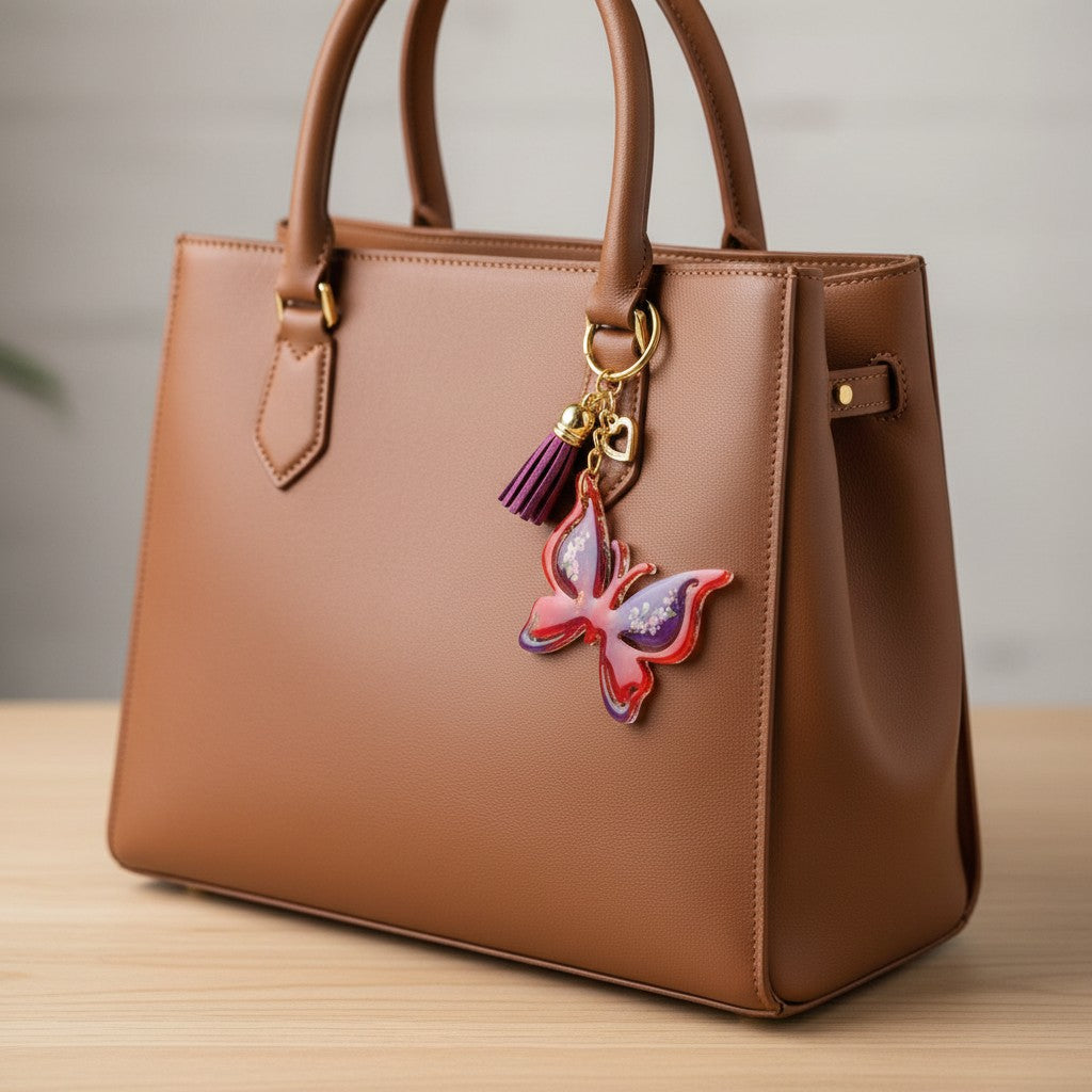 Portachiavi farfalla Lunéa applicato a una borsa marrone elegante, con charm dorati e nappina porpora.