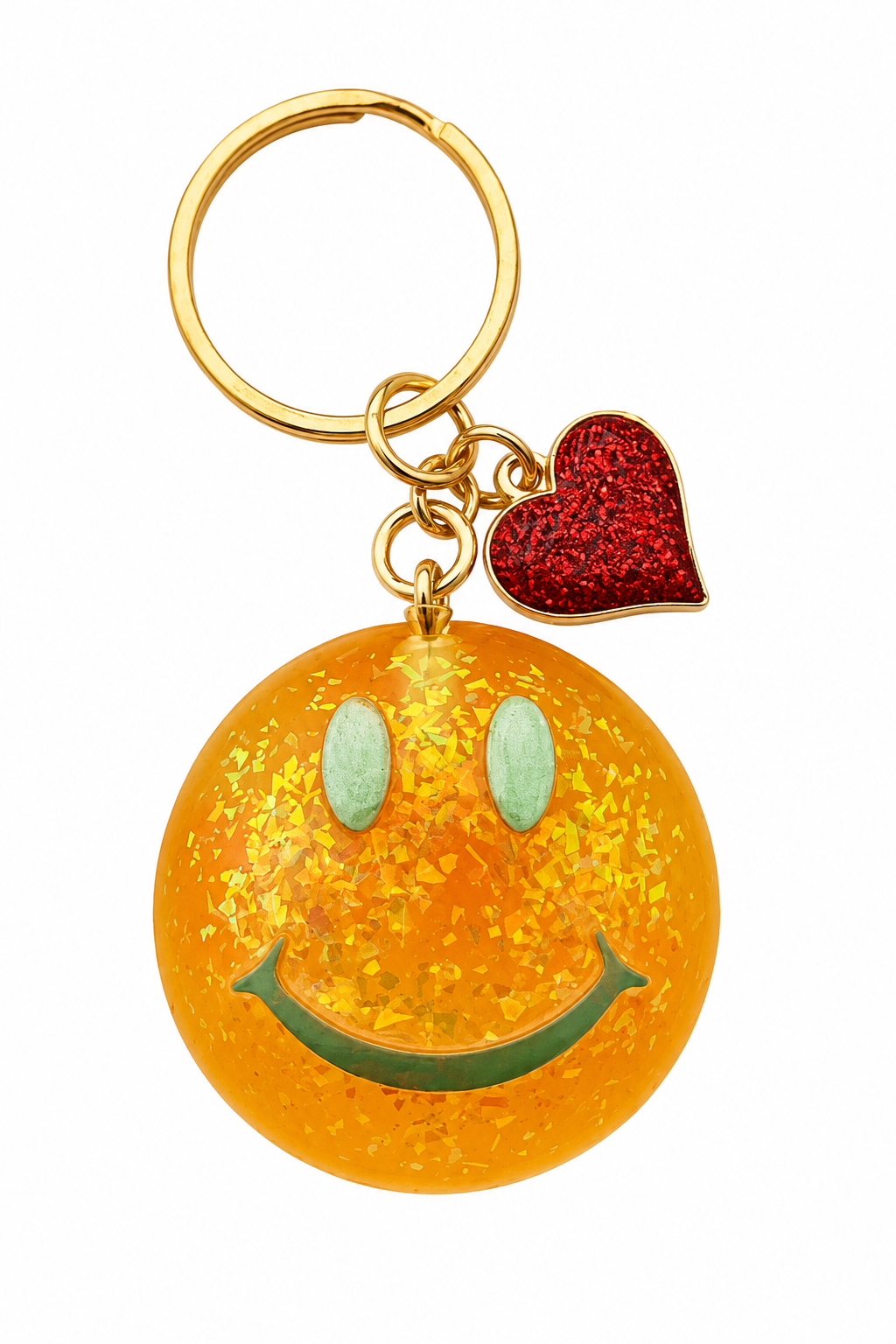 Portachiavi Smile arancione chiaro fatto a mano in resina con glitter e charm a cuore decorativo.