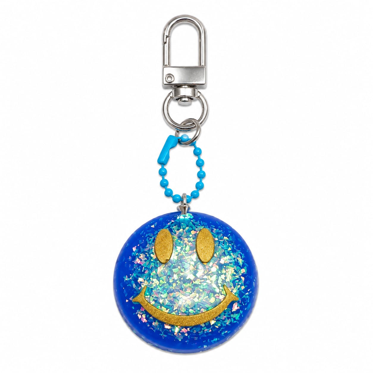 Portachiavi Smile blu fatto a mano in resina con glitter olografici, catenella a pallini e moschettone.