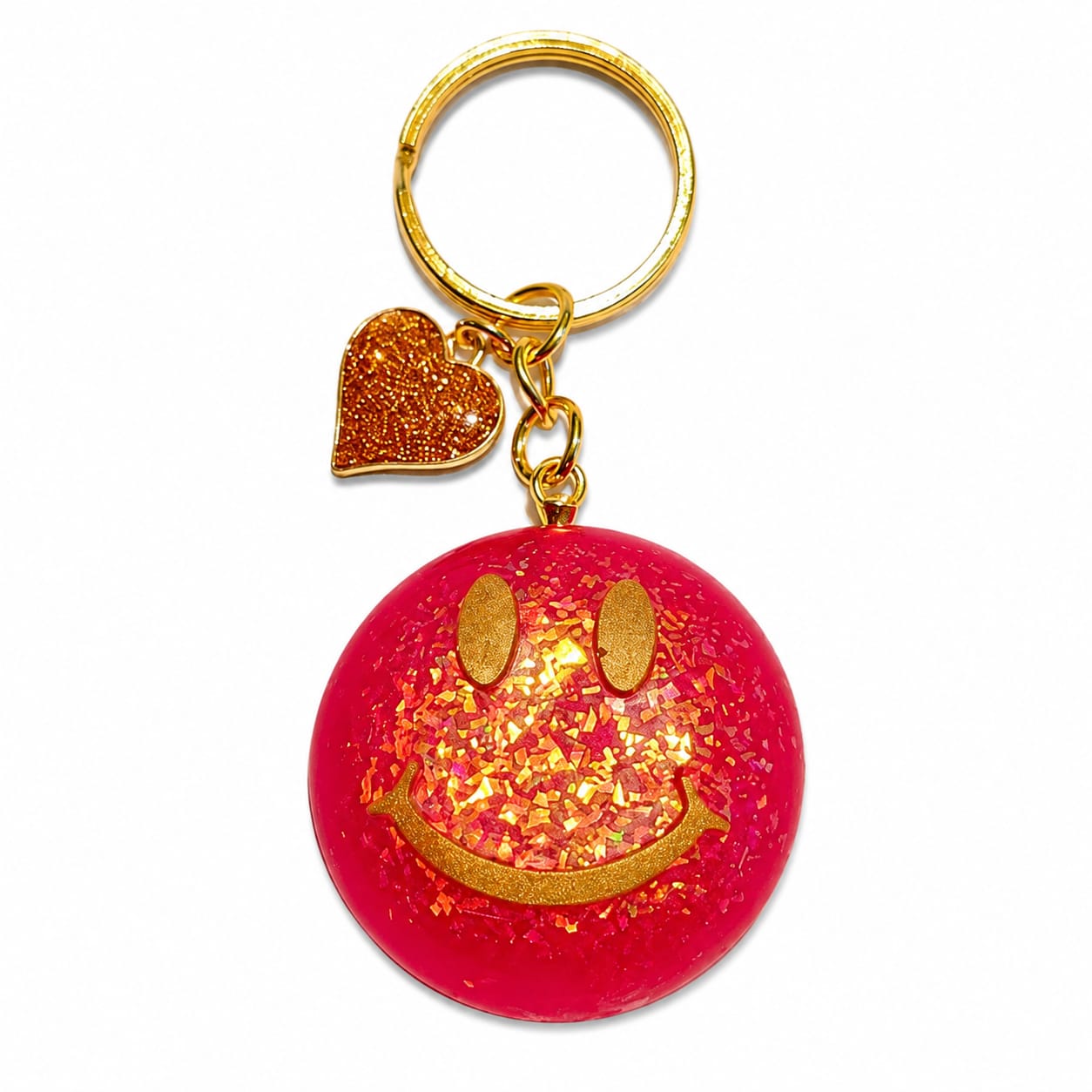 Portachiavi Smile rosso fatto a mano in resina con glitter e charm a cuore decorativo.