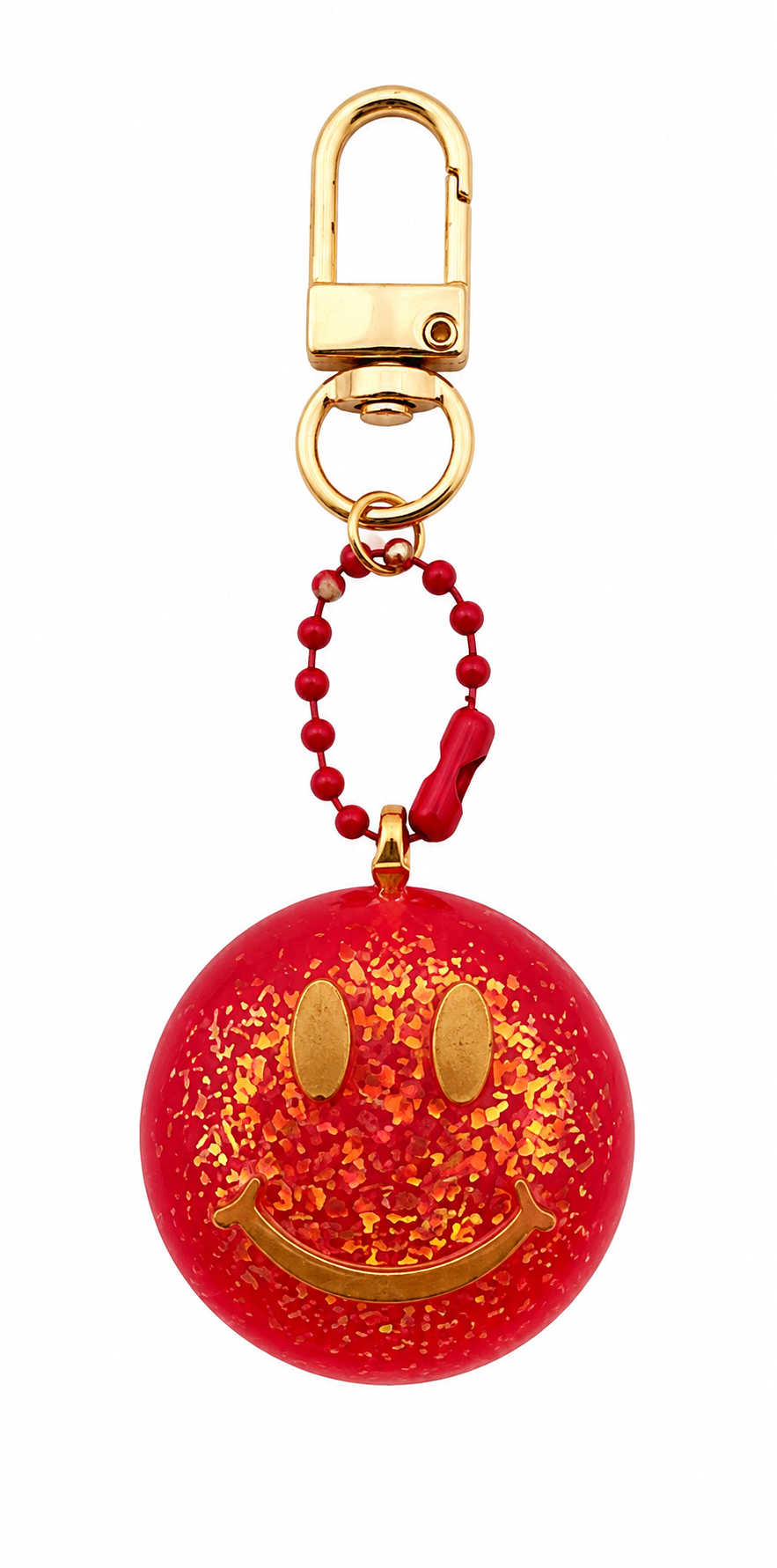 Portachiavi Smile rosso fatto a mano in resina con dettagli glitter, catenella a pallini e moschettone dorato.