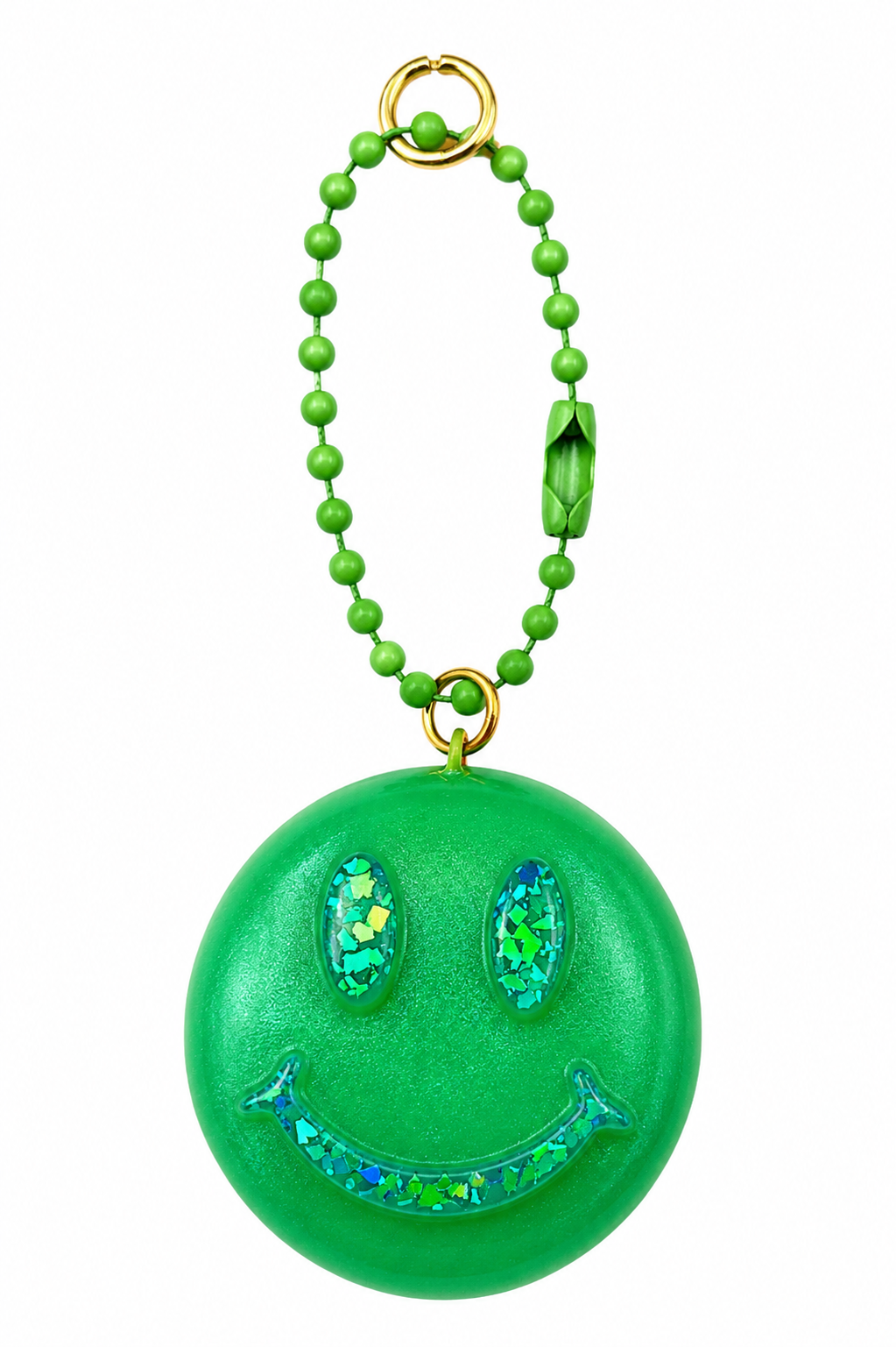 Portachiavi Smile artigianale in resina verde smeraldo con dettagli iridescenti e catenella a palline