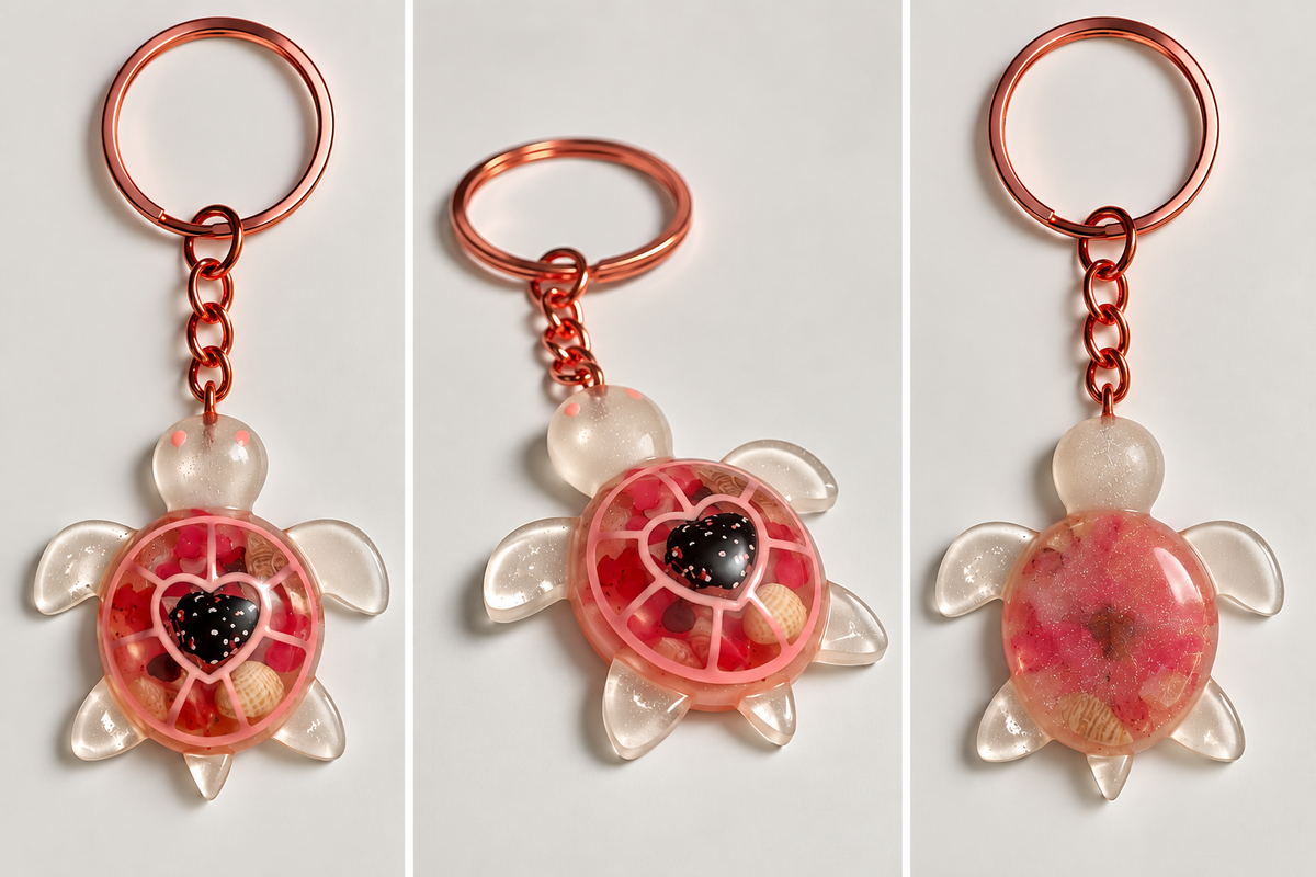 Portachiavi tartaruga COR-1 in resina trasparente nei toni corallo e rosa, con dettagli marini e anello oro rosa