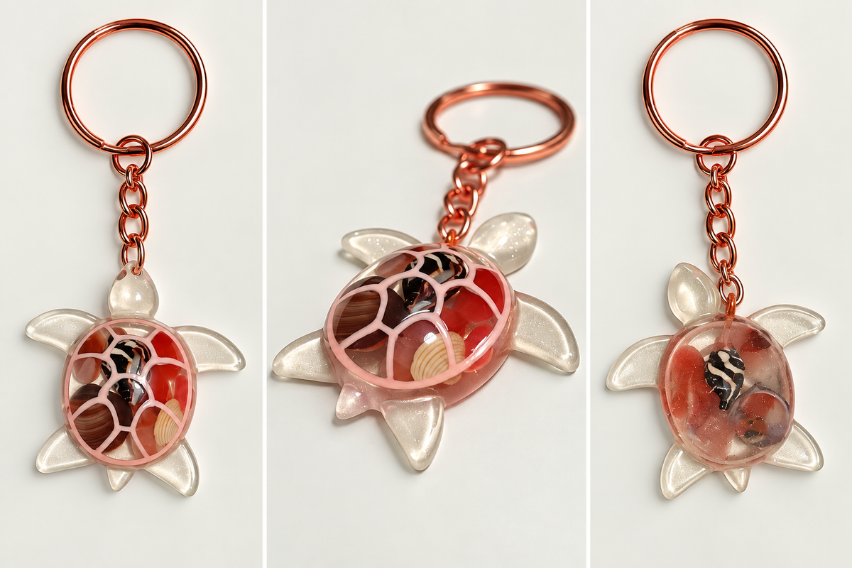 Portachiavi tartaruga COR-3 in resina trasparente nei toni corallo e rosa, con conchiglie decorative e anello oro rosa