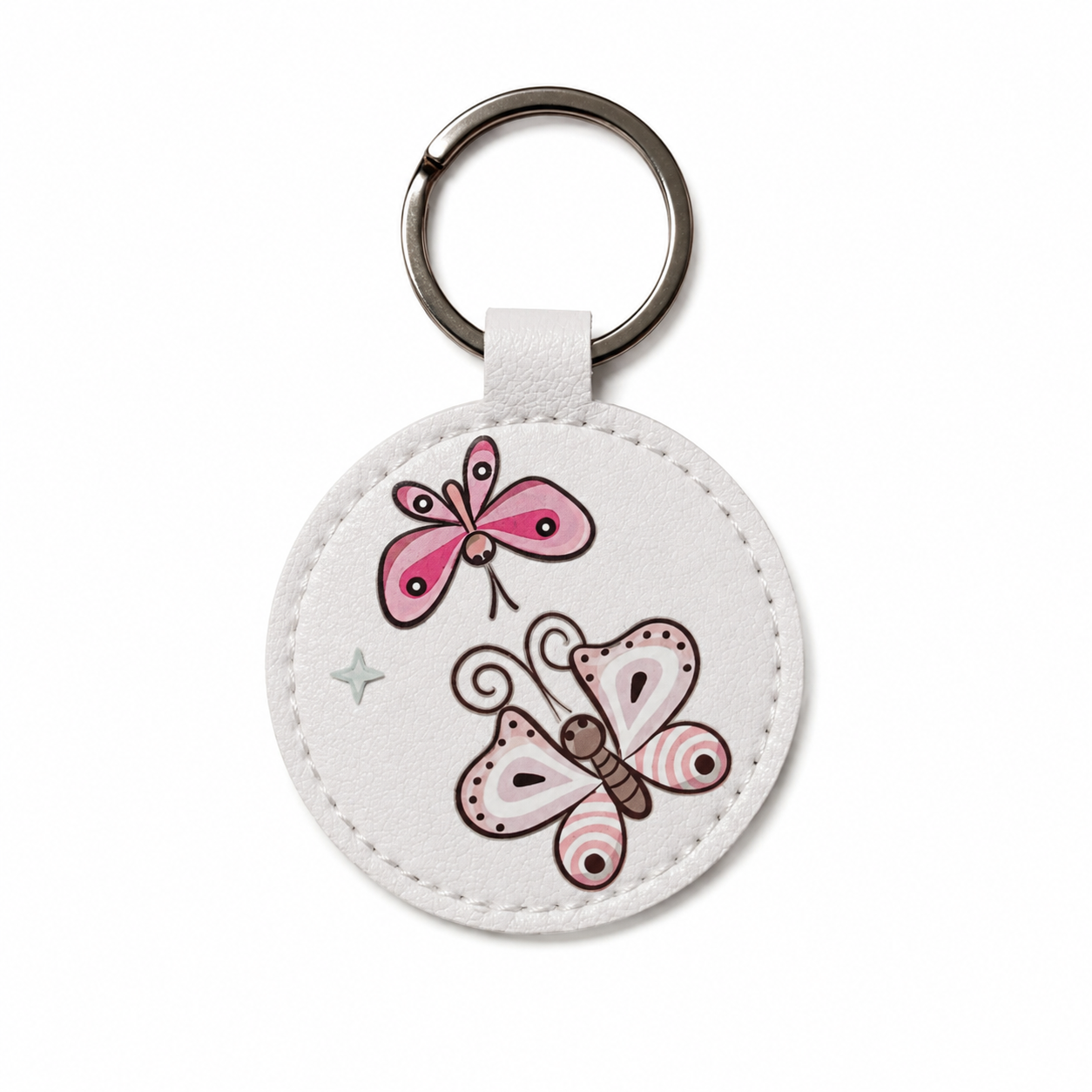 Portachiavi rotondo in similpelle bianco con farfalle rosa e rosa/beige