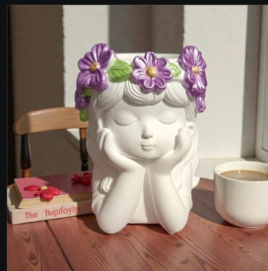 Portaoggetti Decorativo in Gesso con Fiori Viola - Bimba Sognante