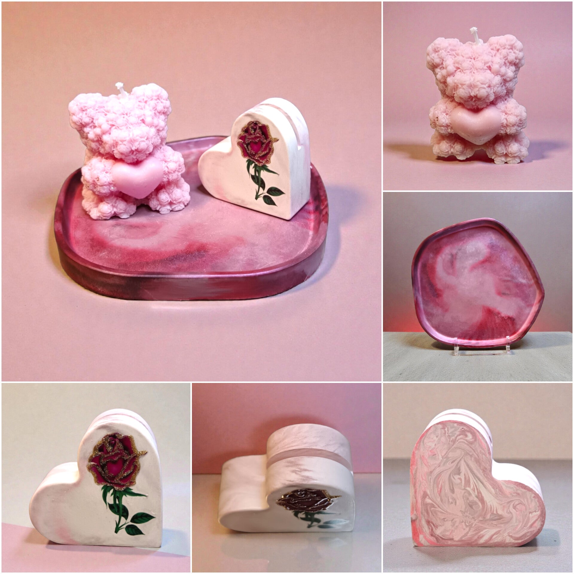 Vassoio decorativo e cuore portafoto in gesso con orsetto in cera di soja