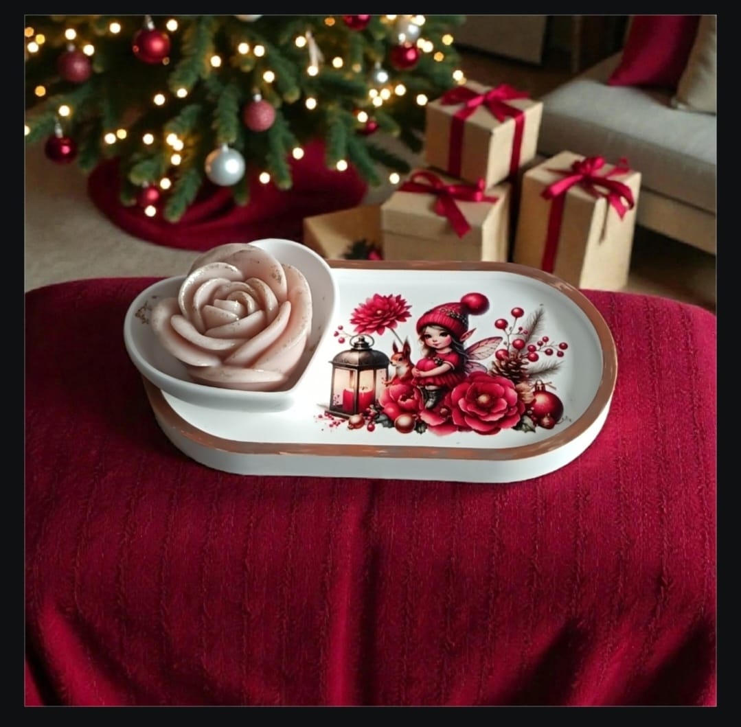 Set decorativo natalizio con vassoietto, cuore in gesso e rosa in cera
