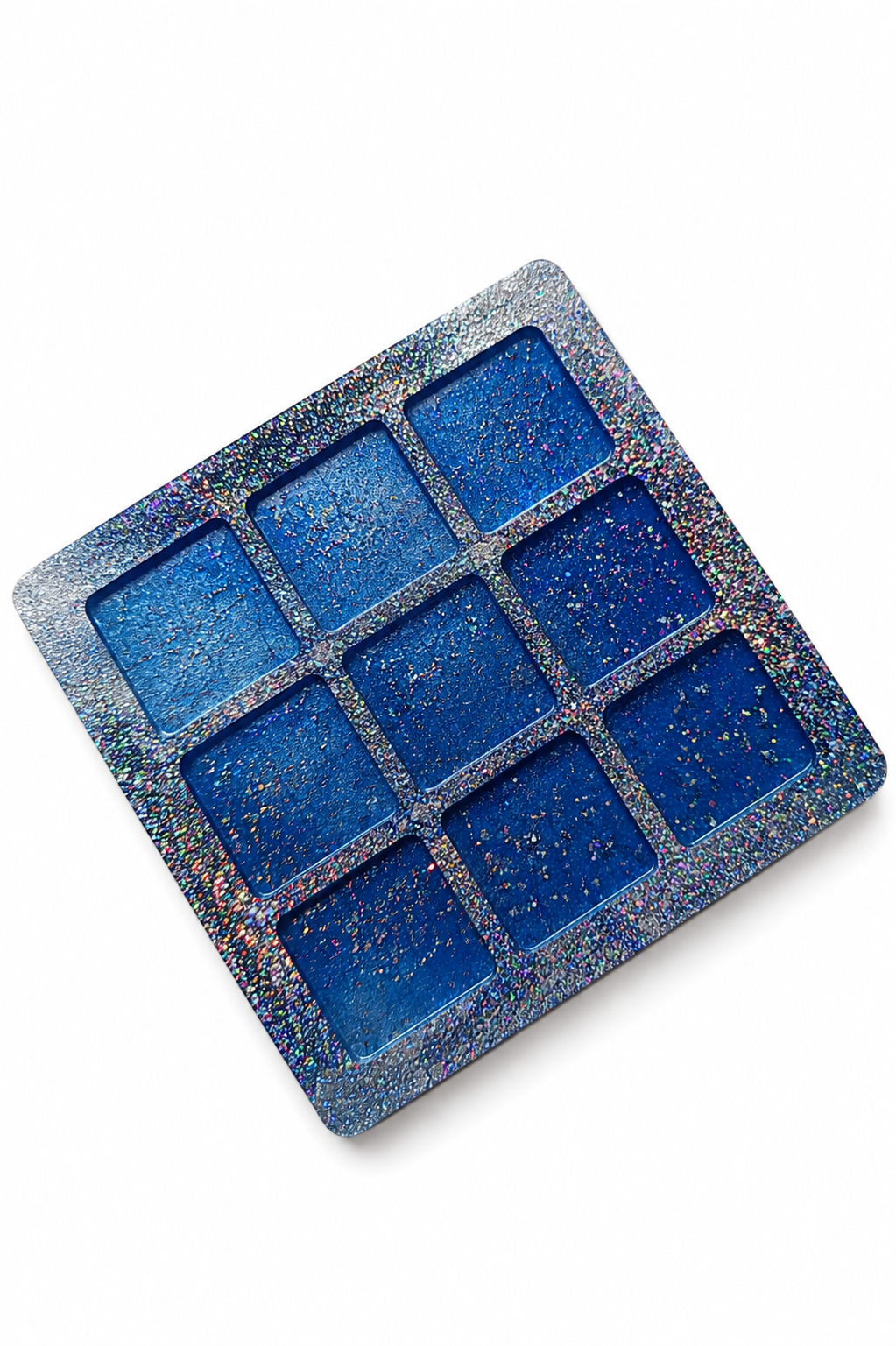 Base del tris artigianale in resina blu e argento con glitter olografici 