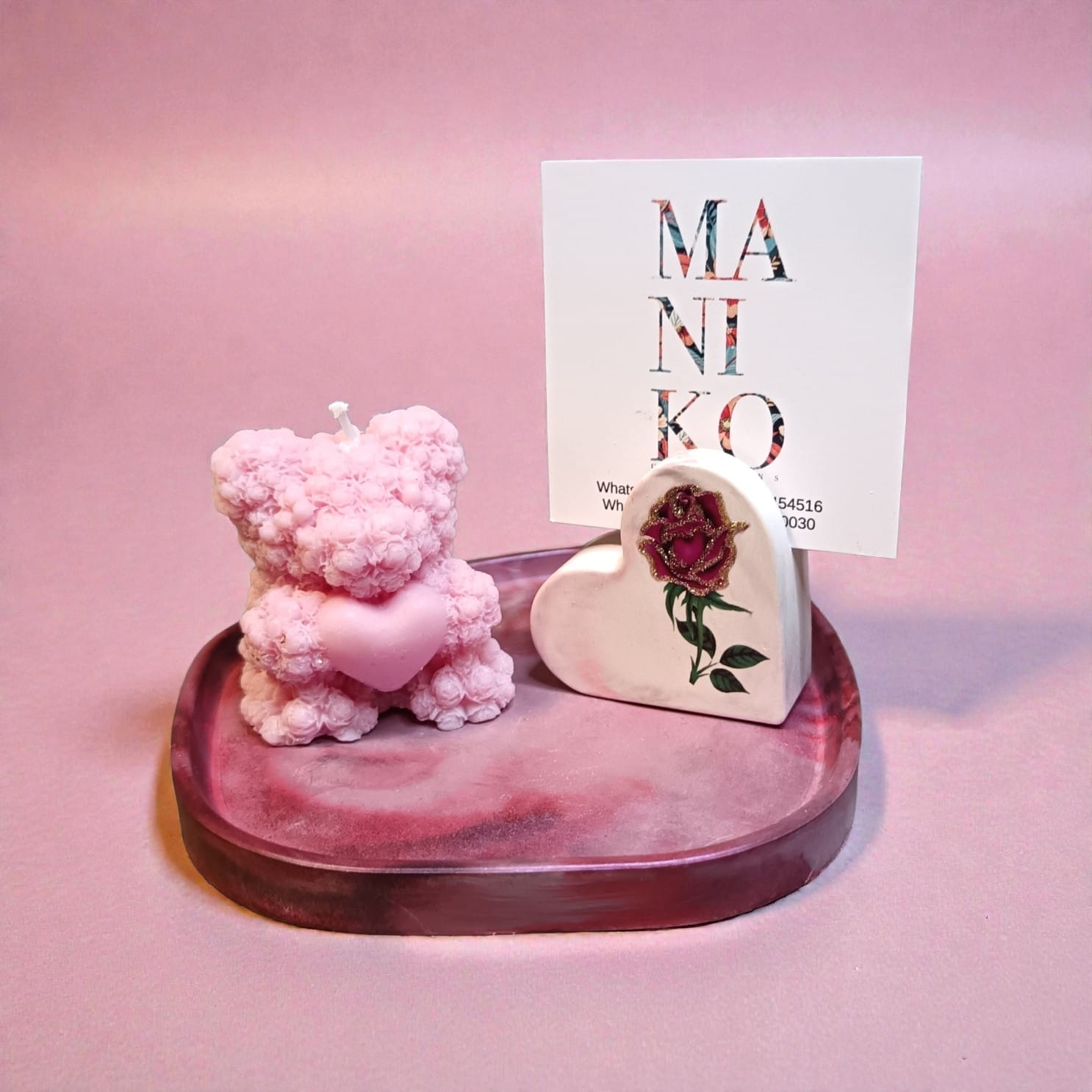 Vassoio rosa con cuore  portafoto e orsetto in cera - set regalo handmade"