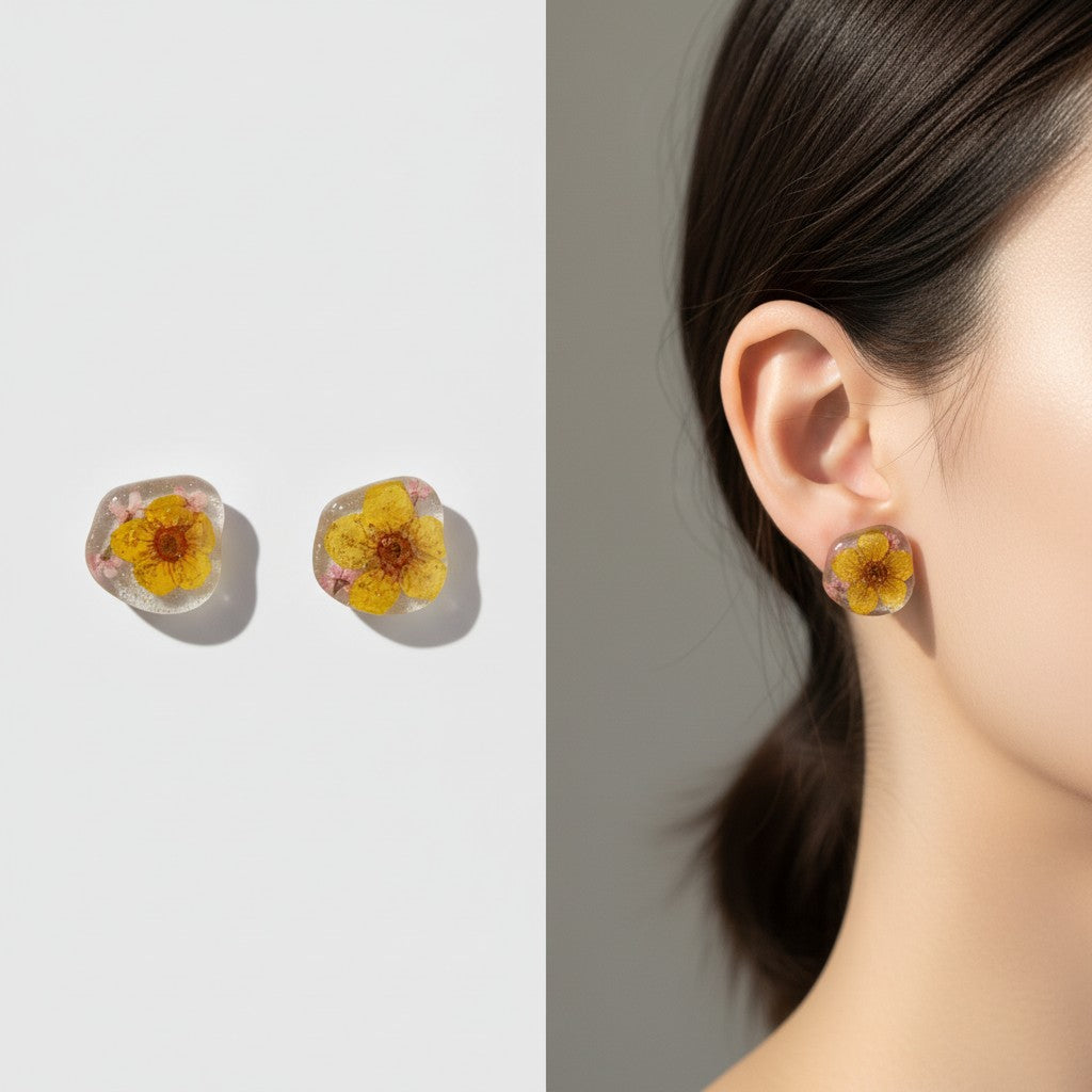 Petal of Light – Resin stud earrings with real flowers