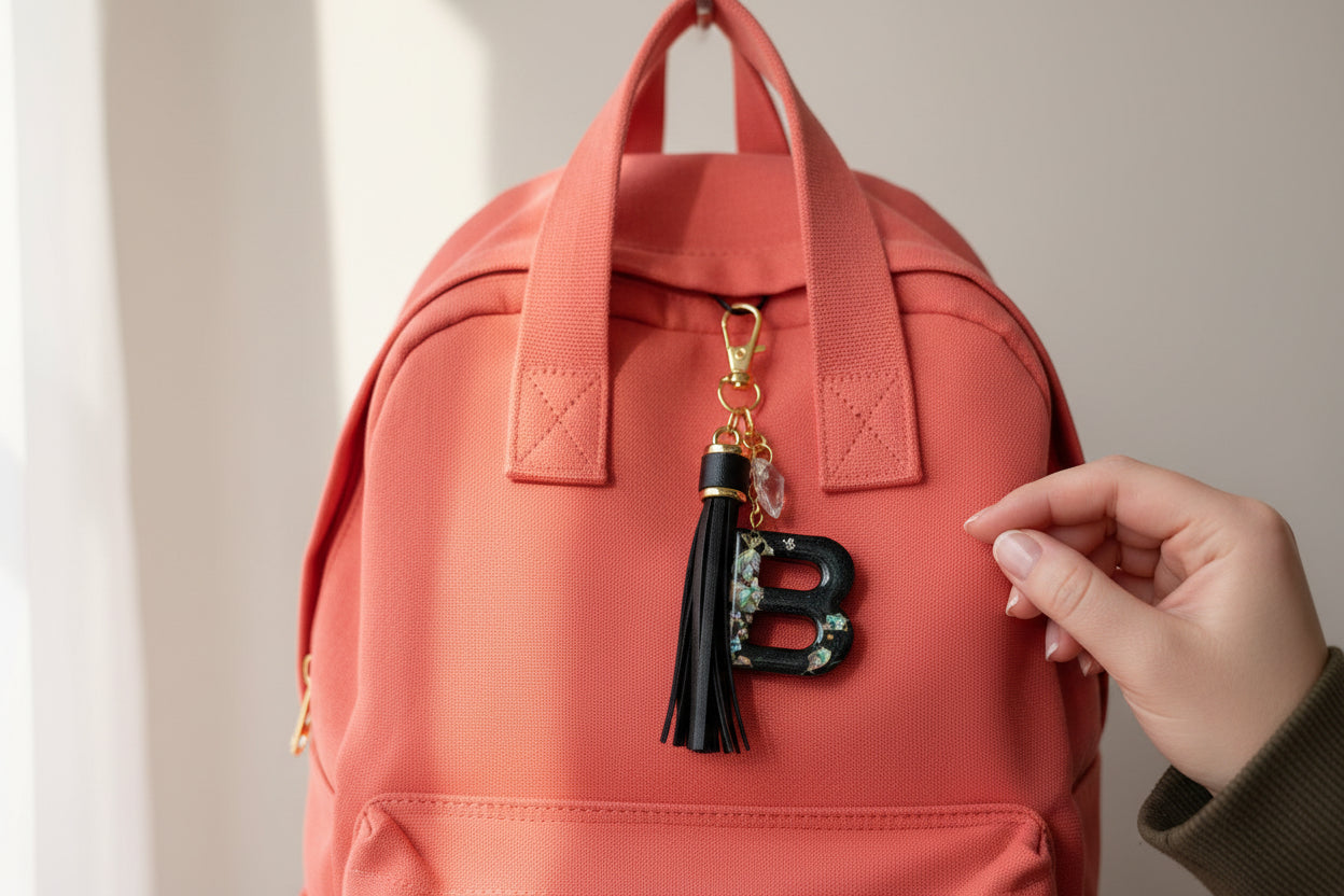 Ciondolo portachiavi lettera B in resina applicato su borsa corallo, esempio utilizzo accessorio personalizzato