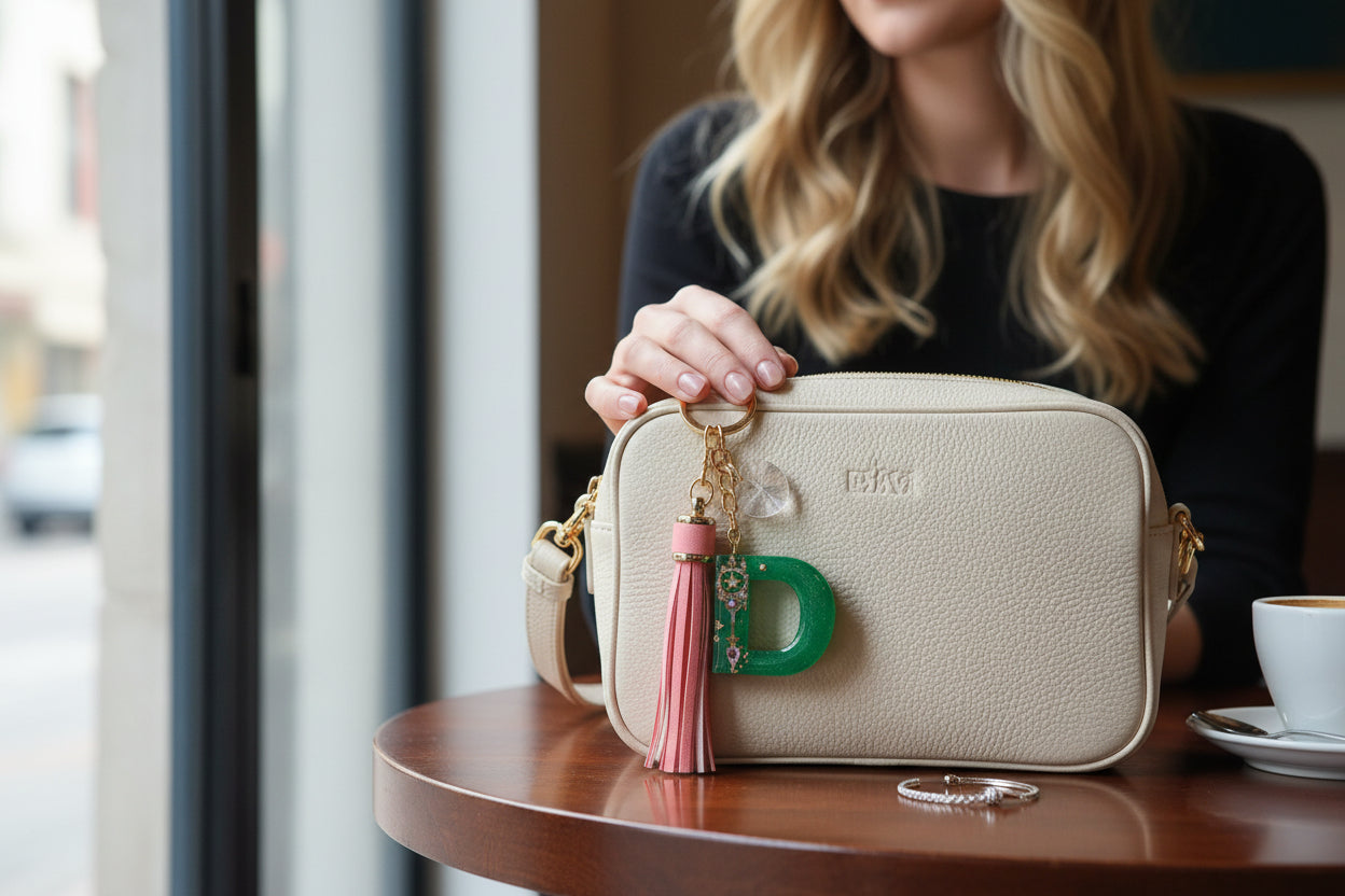 Ciondolo lettera D in resina con nappina applicato su borsa avorio chiaro, accessorio personalizzato handmade