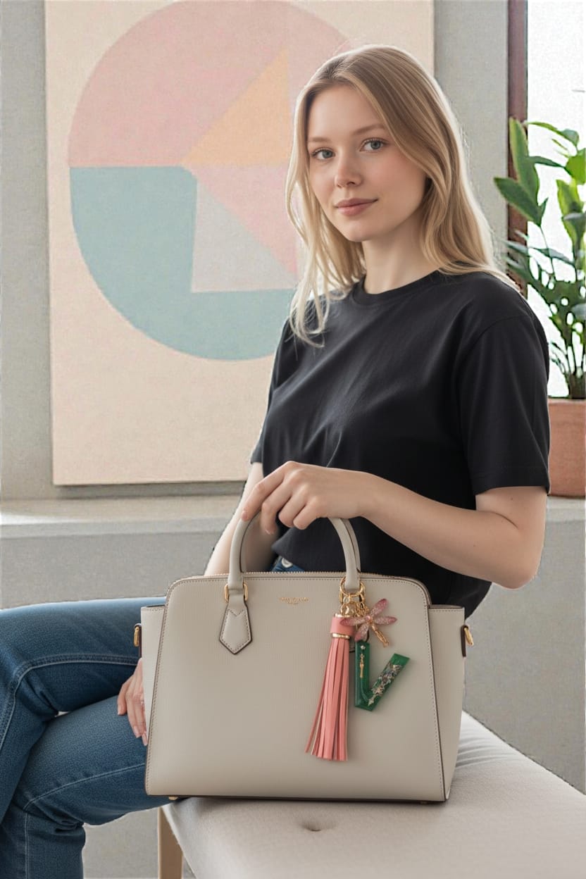 Ciondolo portachiavi lettera V in resina con nappina applicato su borsa avorio, accessorio personalizzato handmade