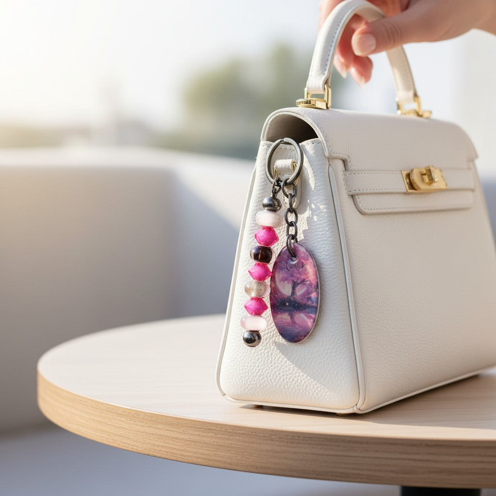 Portachiavi Aurora Rosa in resina fatto a mano, con perline rosa e ciondolo ovale viola, appeso a borsa bianca