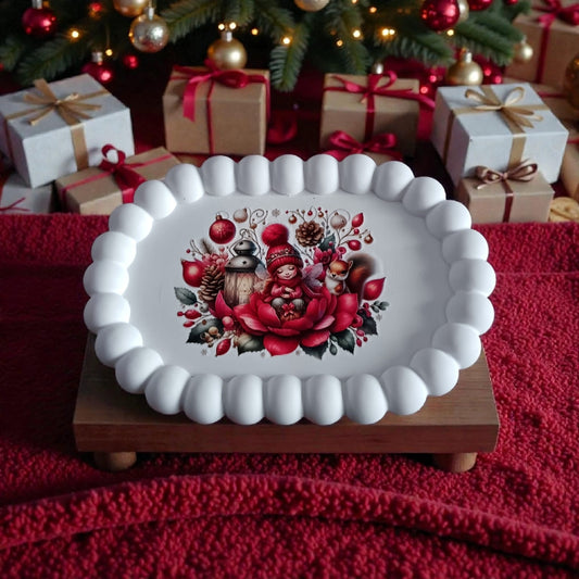 Vassoio ovale in gesso bianco con bordo decorato bubble, decorazione natalizia artigianale Maniko Creations